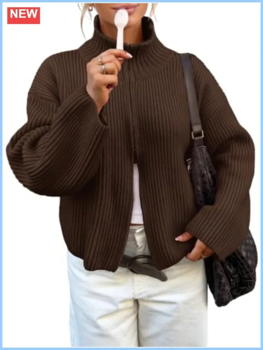 Chunky Ribbed Knit Zip Up Cardigan Mock Neck Long Sleeve Sweater Jacket